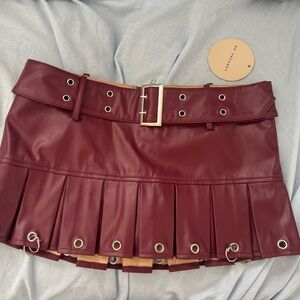 Women Burgundy Leather Sexy Mini Skirt with Belt